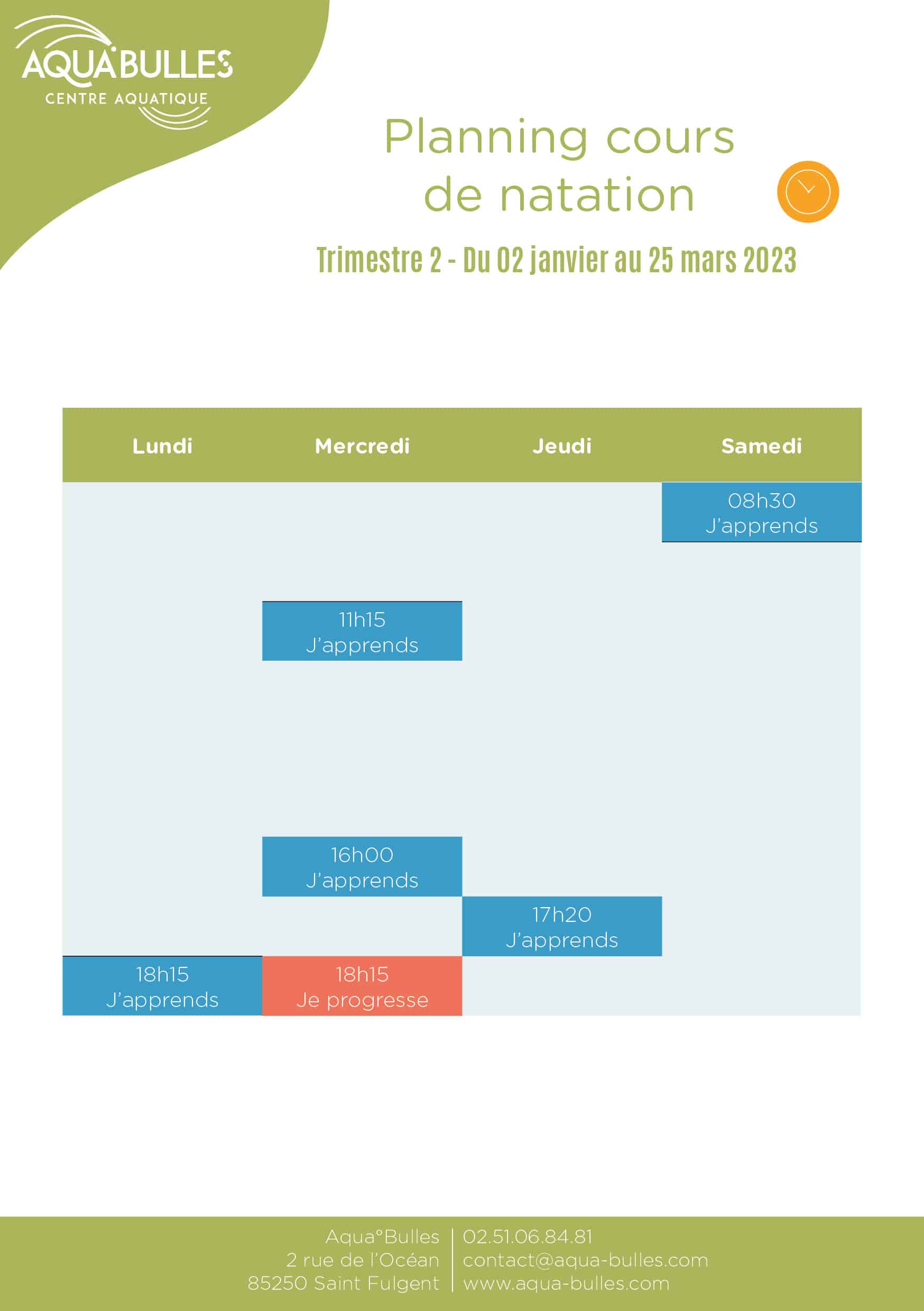 Planning natation 2ème trimestre 2023 enfants
